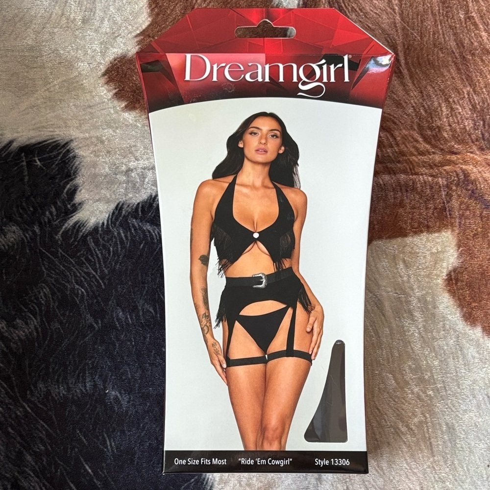 Brand New Dreamgirl Cowgirl Faux Suede Fringe Bralette & Garter Belt Set Black - Picture 2 of 14